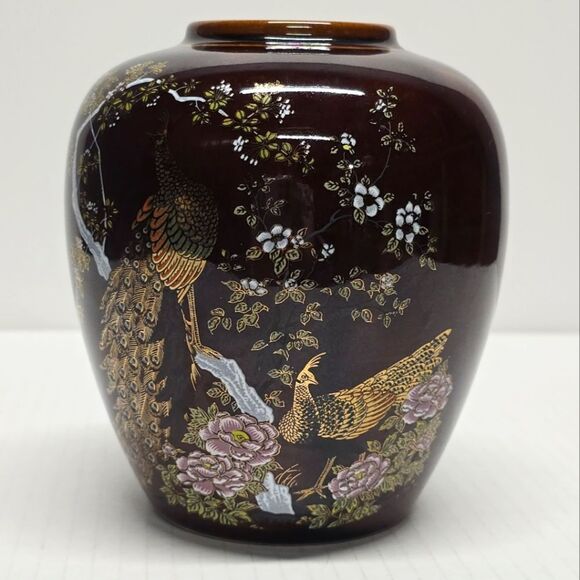 Vintage Japanese Peacock Theme Brown Vase - Picture 1 of 8